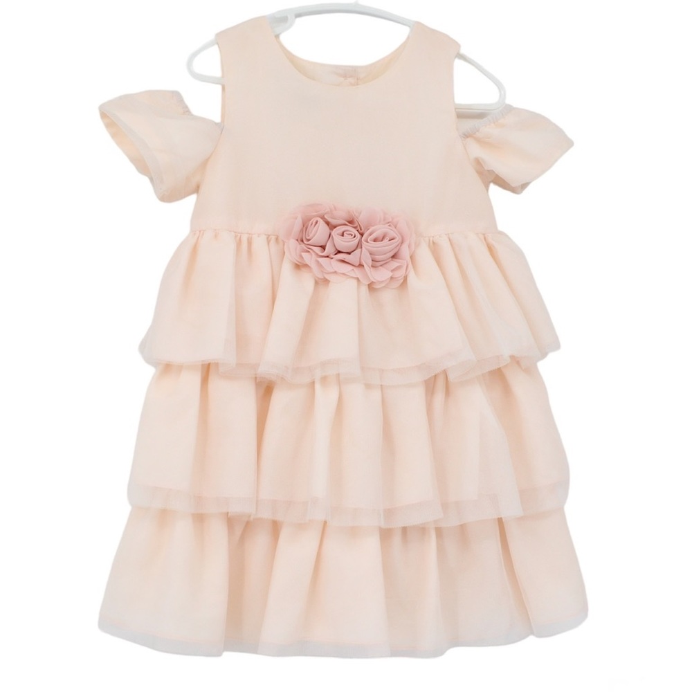 PIPPA & JULIE Girls Dress Soft Peach Off Shoulder Tiered Delicate Tulle Lined 4